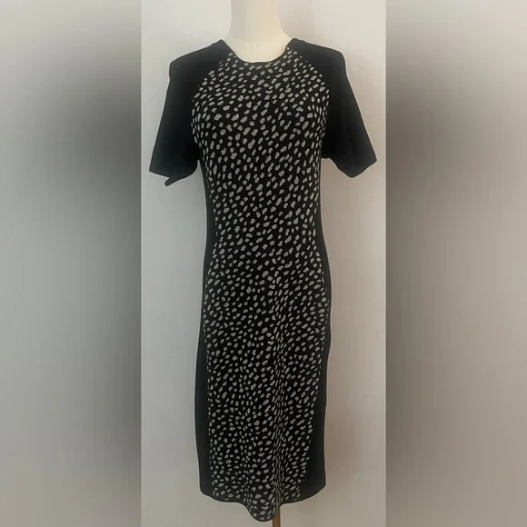 Tory Burch Gemma Sweater Dress Polka Dot Merino Wool Leopard Black White Size L - Picture 3 of 12